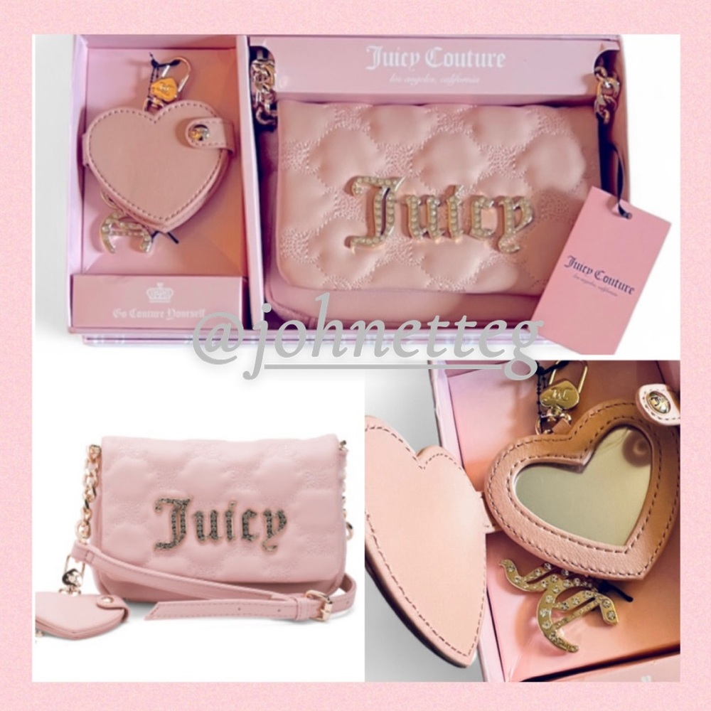 👛JUICY COUTURE Quilted Crossbody Bag Heart Mirror Bag Charm Keychain Pink Gold
